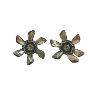 Vintage Lanvin Paris Crystal Statement Clip On Earrings Smoky Grey Flowers